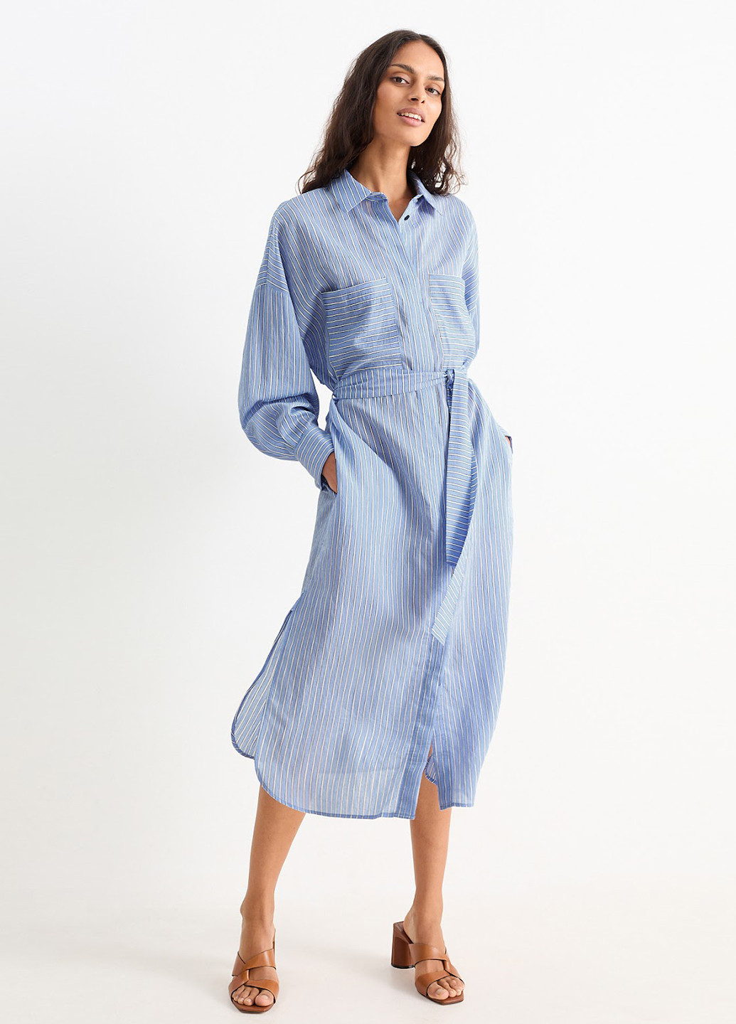 Голубое кэжуал платье рубашка C&A в полоску