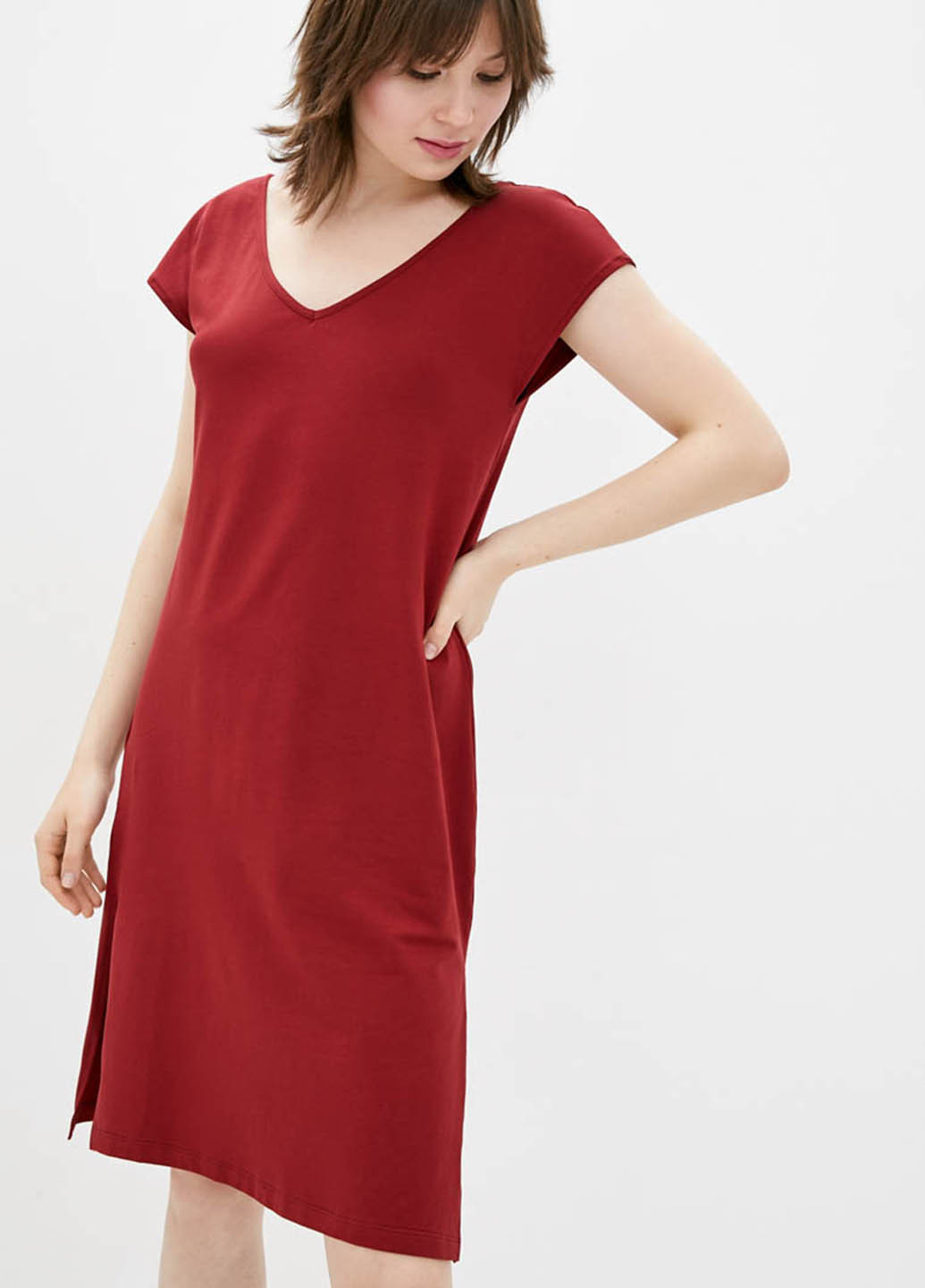 Бордовое кэжуал платье а-силуэт, платье-футболка Promin однотонное