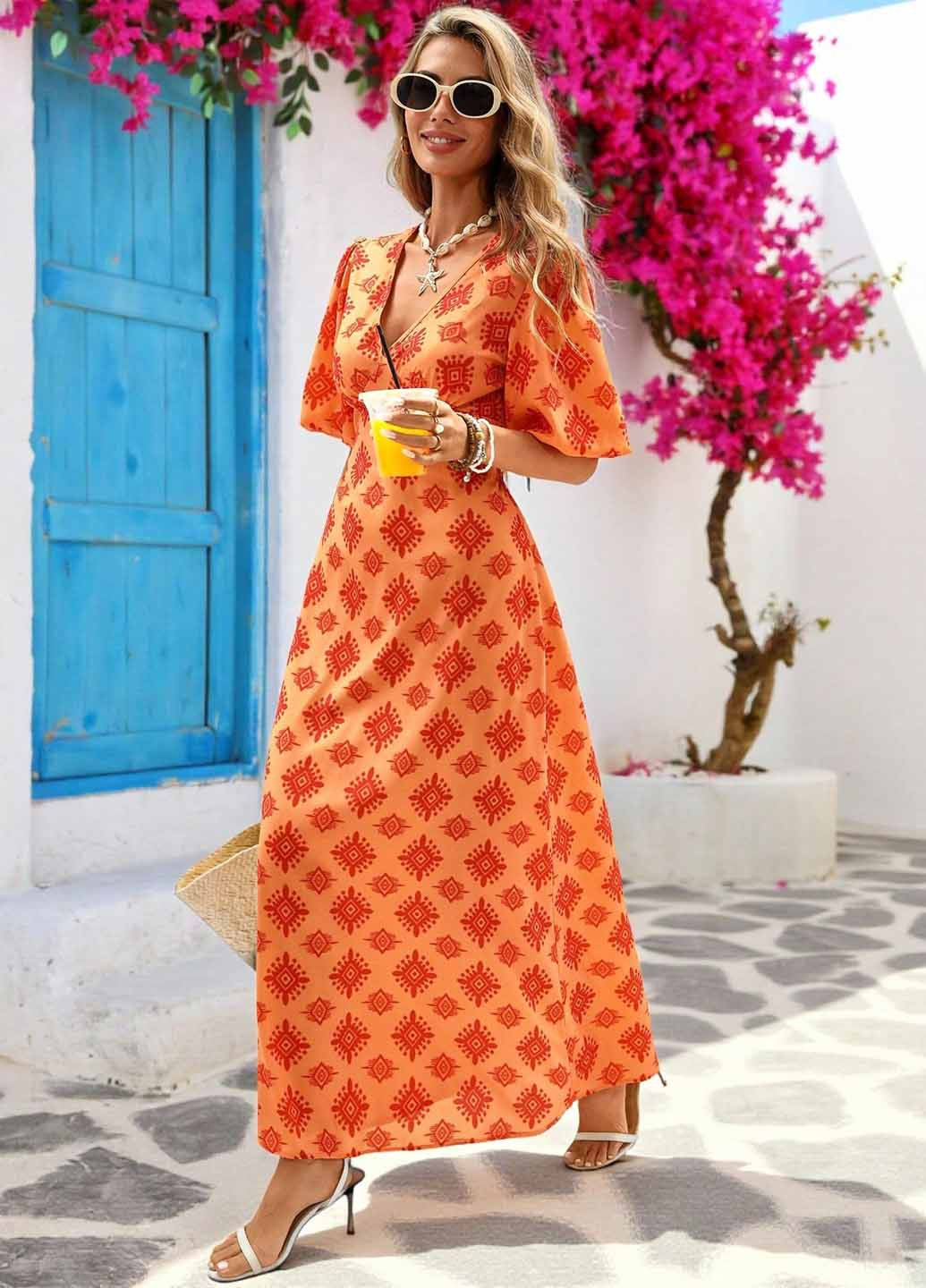 Оранжевое кэжуал платье с открытой спиной SHEIN с рисунком