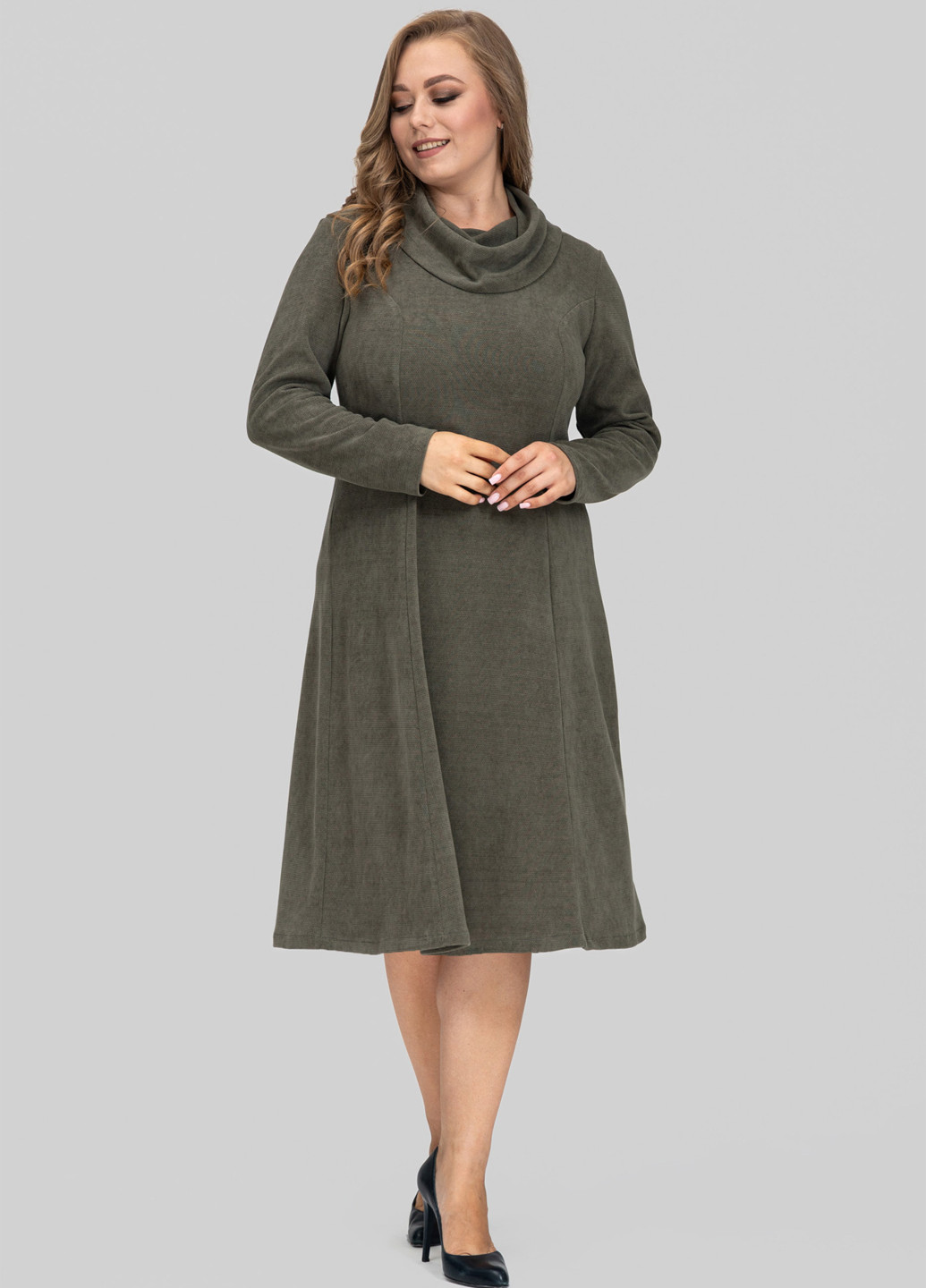 Оливковое (хаки) кэжуал платье клеш A'll Posa однотонное