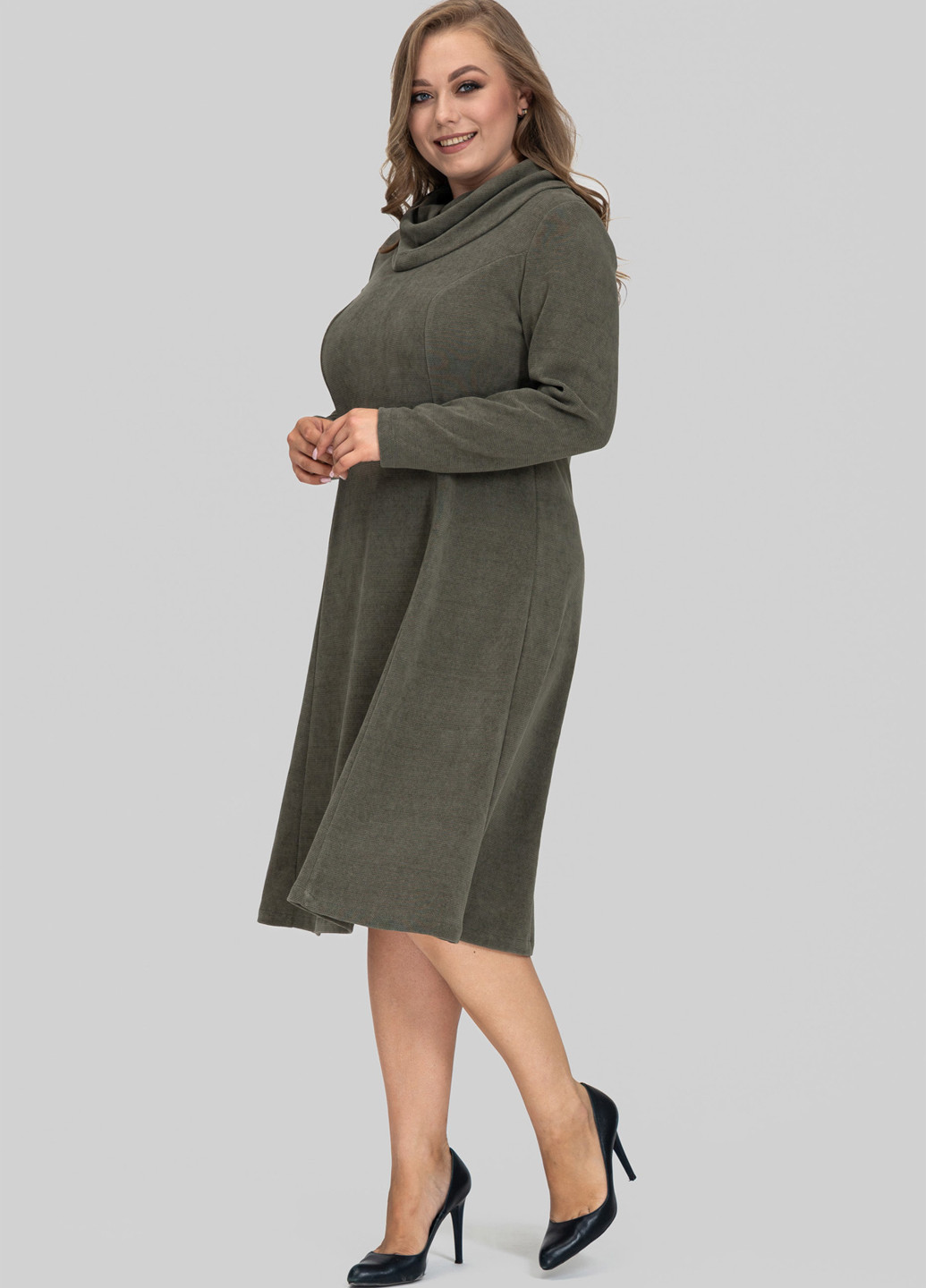 Оливковое (хаки) кэжуал платье клеш A'll Posa однотонное