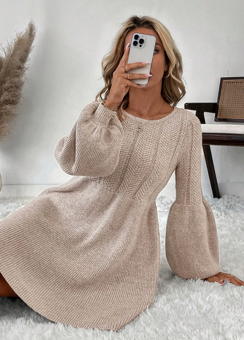 Бежевое кэжуал платье платье-свитер SHEIN однотонное