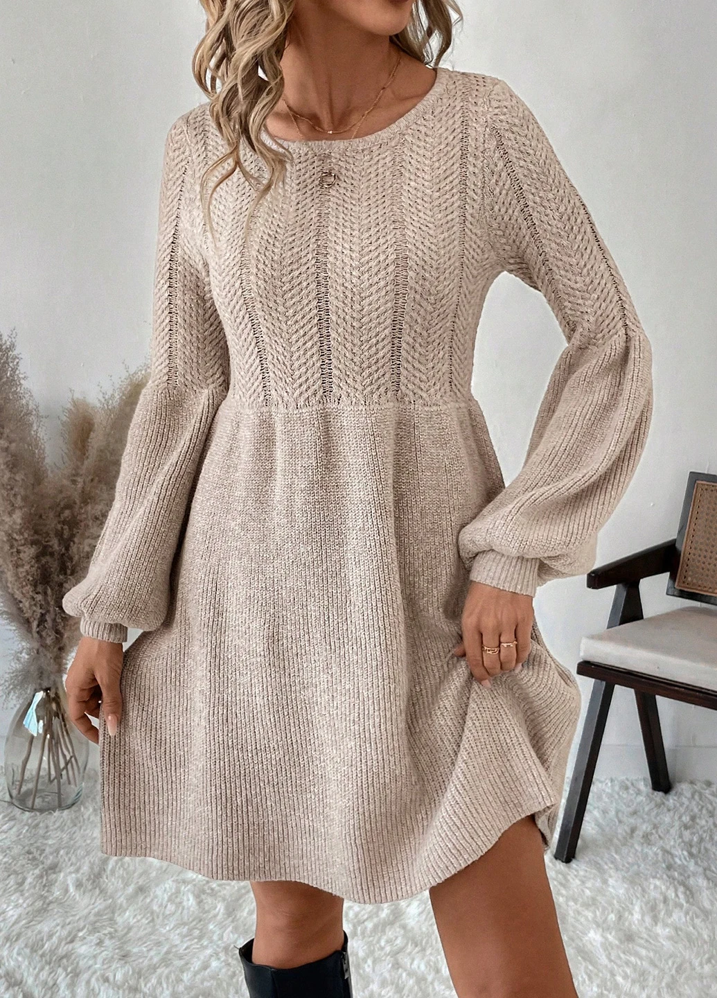 Бежевое кэжуал платье платье-свитер SHEIN однотонное