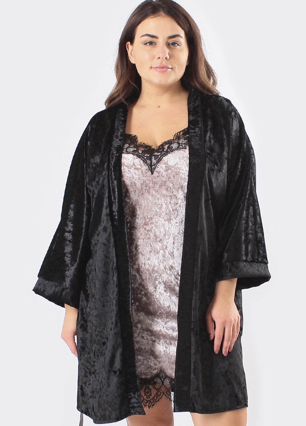 Сіро-бежевий демісезонний комплект (нічна сорочка, халат) Ghazel