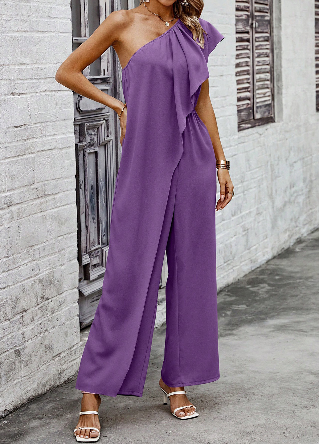 Комбинезон SHEIN комбинезон-брюки однотонный фиолетовый праздничный, коктейльный полиэстер