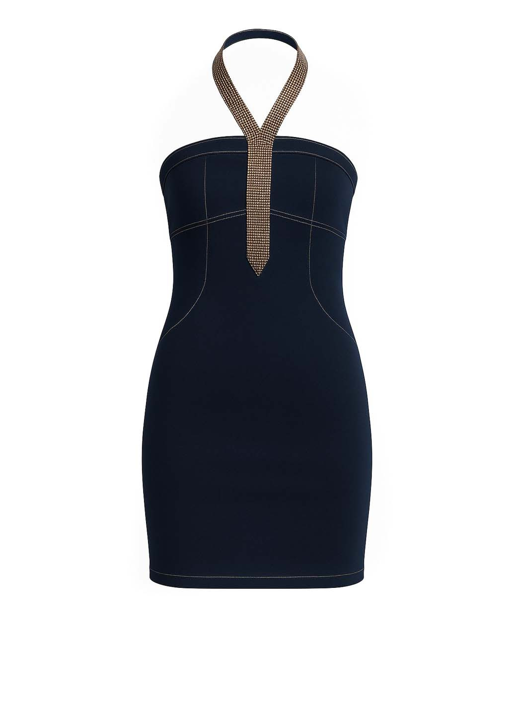 Темно-синее кэжуал платье с открытыми плечами, с открытой спиной, футляр Sassofono однотонное