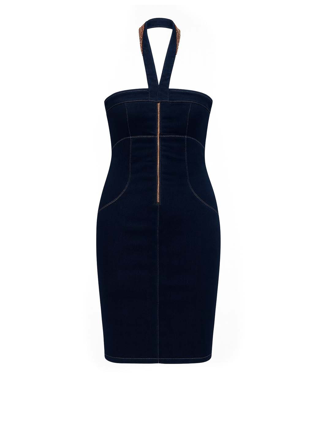 Темно-синее кэжуал платье с открытыми плечами, с открытой спиной, футляр Sassofono однотонное