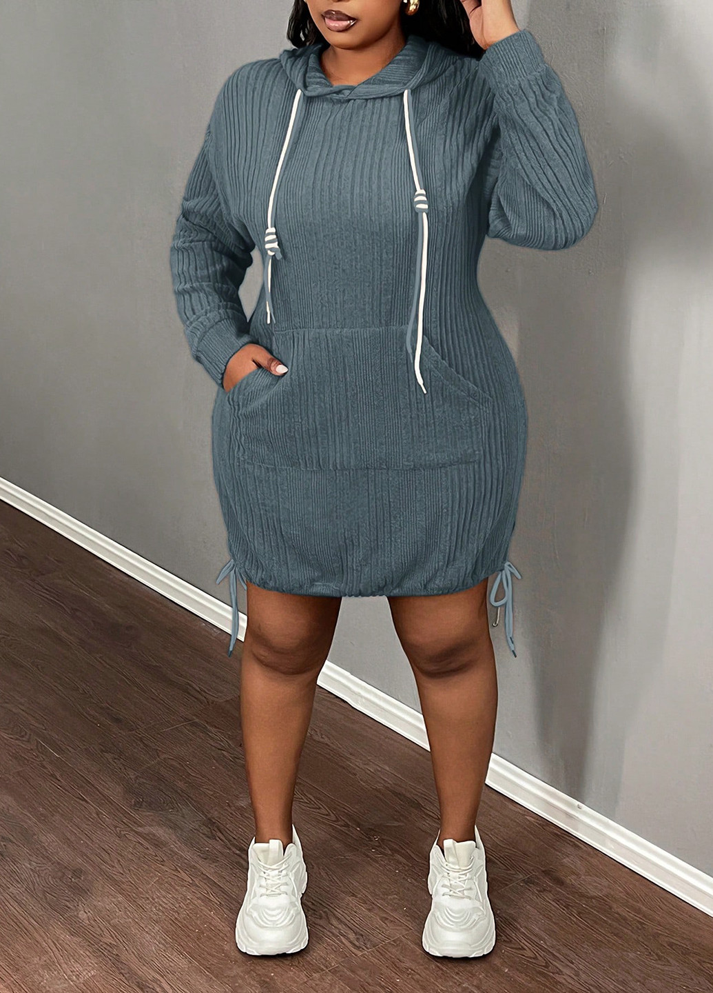 Синее кэжуал платье платье-худи SHEIN однотонное