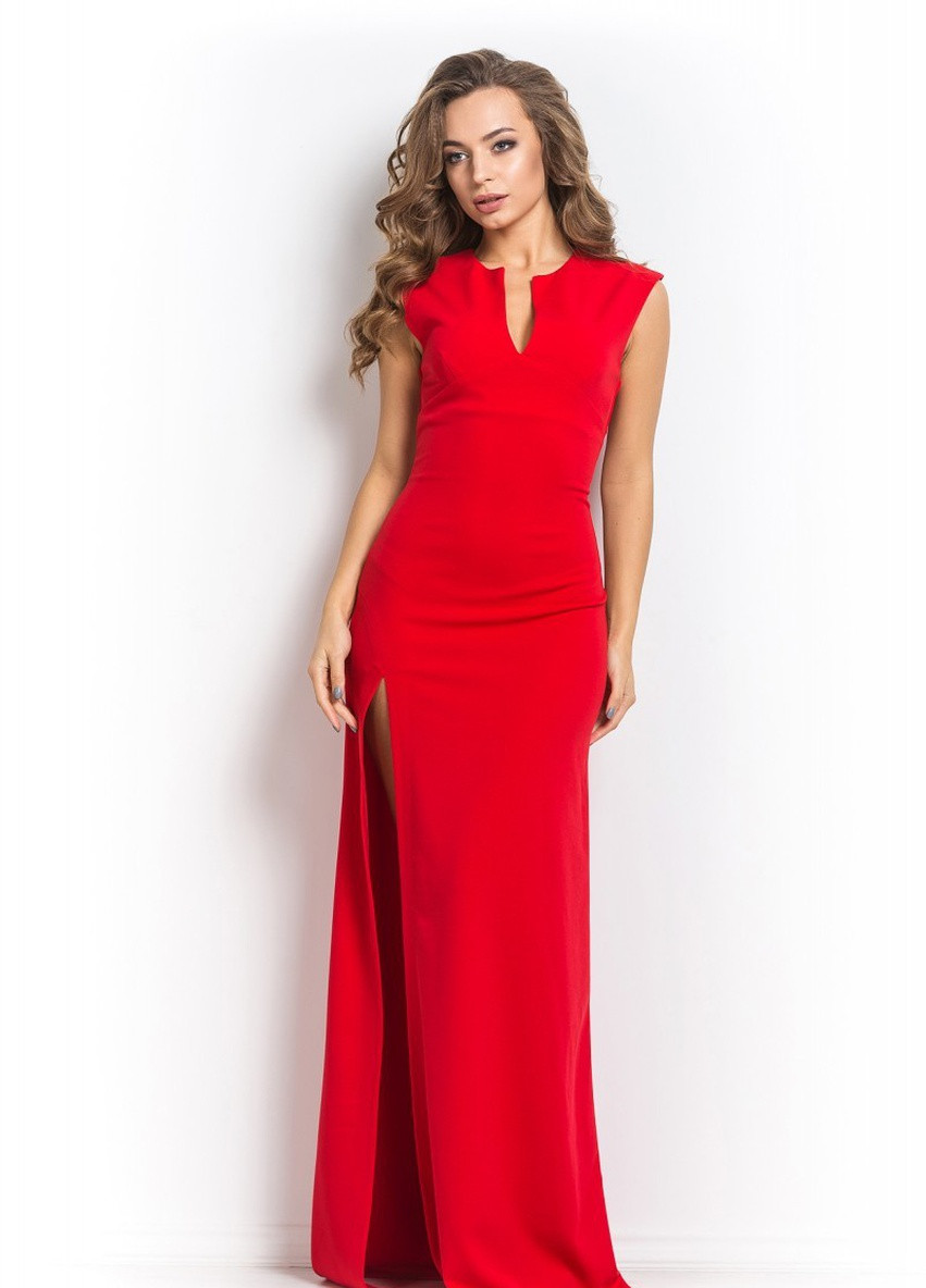 Красное вечернее платье футляр First Woman однотонное