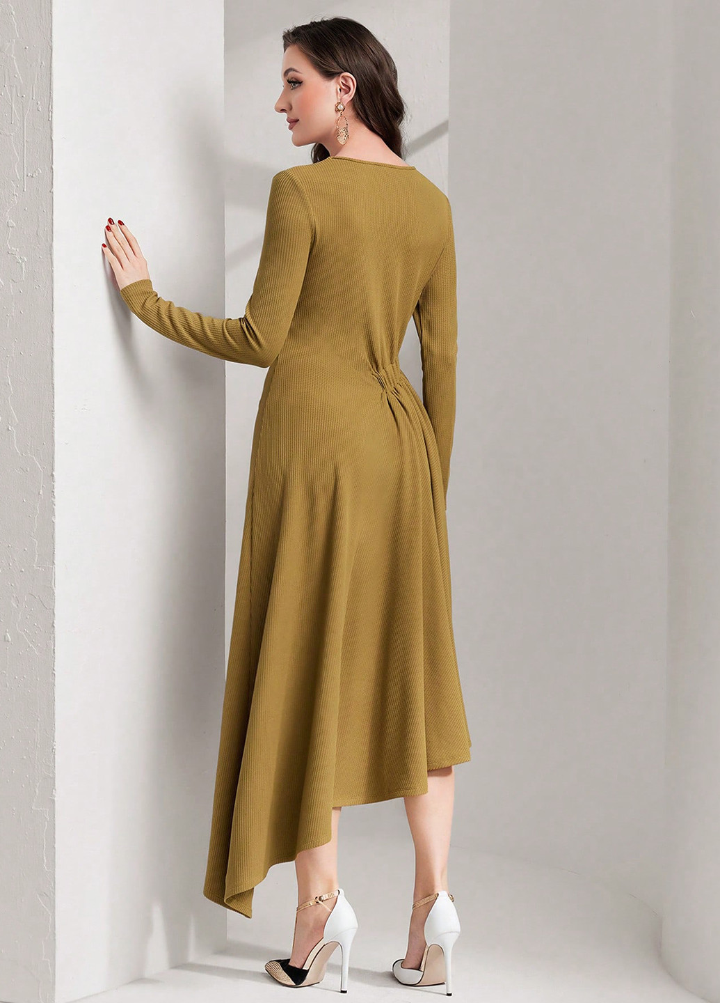 Горчичное кэжуал платье а-силуэт SHEIN однотонное
