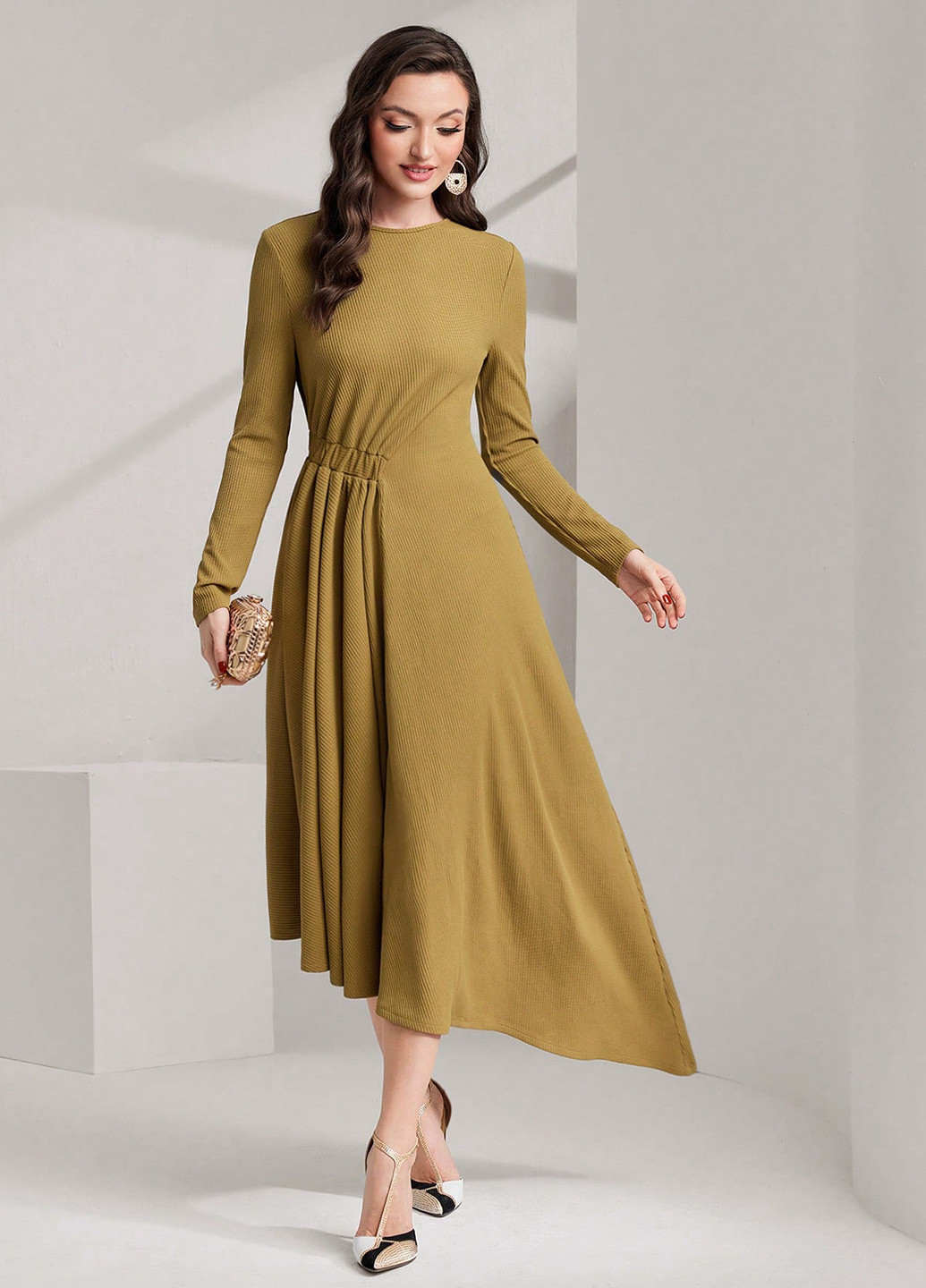 Горчичное кэжуал платье а-силуэт SHEIN однотонное