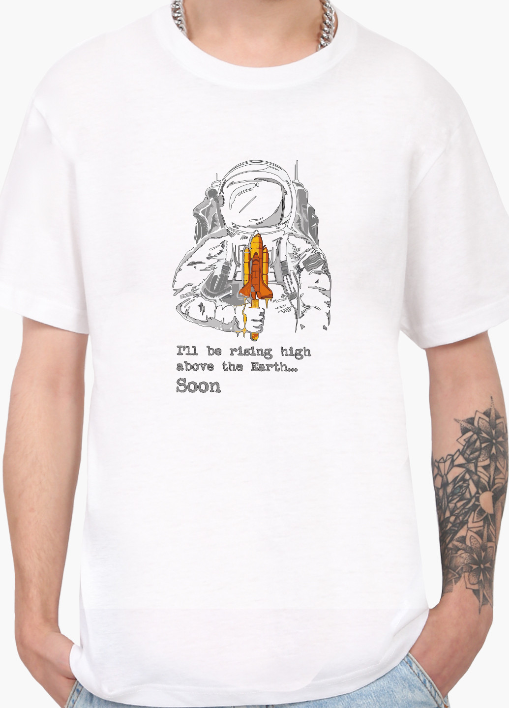Біла футболка чоловіча космонавт c ракетою білий (9223-2026) xxl MobiPrint