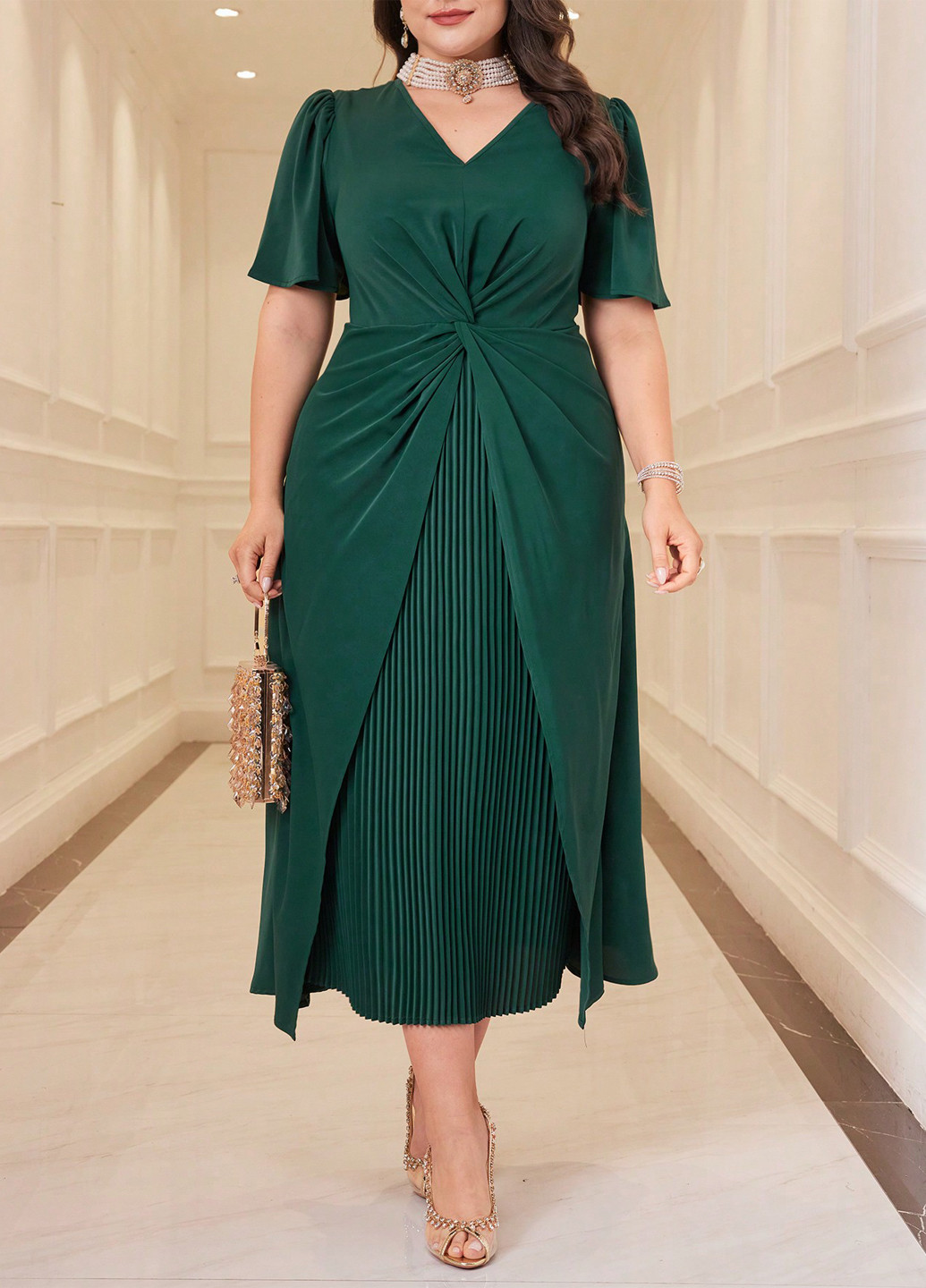 Бутылочное зеленое вечернее, деловое платье клеш, плиссированное SHEIN однотонное