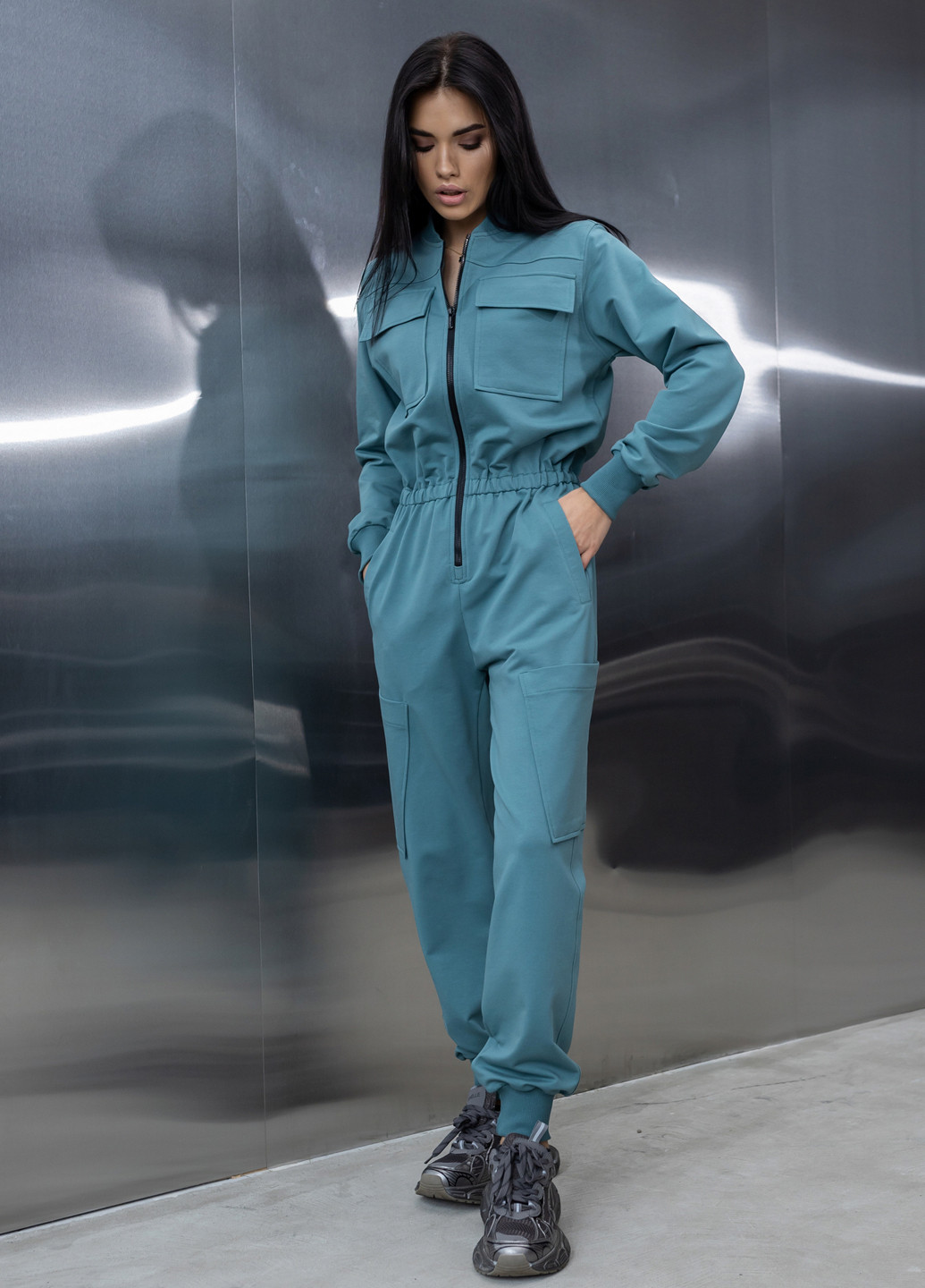 Бавовняний комбінезон з поясом та блискавкою TOTALFIT комбінезон-брюки однотонний синій кежуал, спортивний бавовна, двунитка