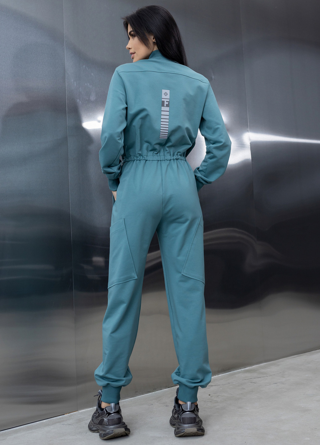 Бавовняний комбінезон з поясом та блискавкою TOTALFIT комбінезон-брюки однотонний синій кежуал, спортивний бавовна, двунитка