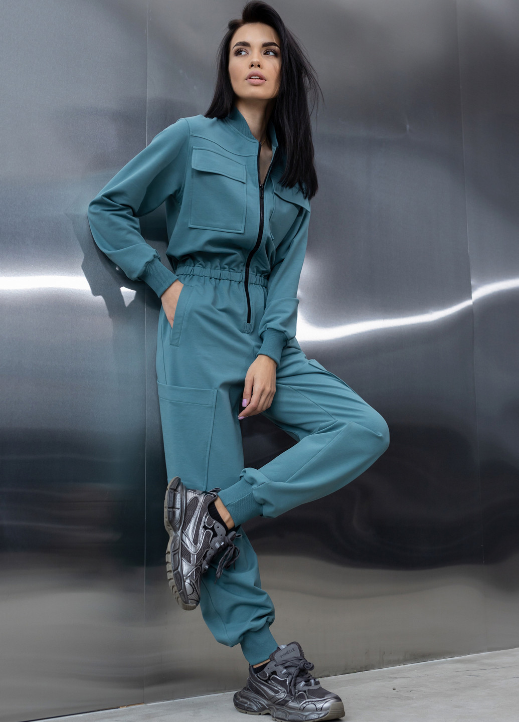 Бавовняний комбінезон з поясом та блискавкою TOTALFIT комбінезон-брюки однотонний синій кежуал, спортивний бавовна, двунитка