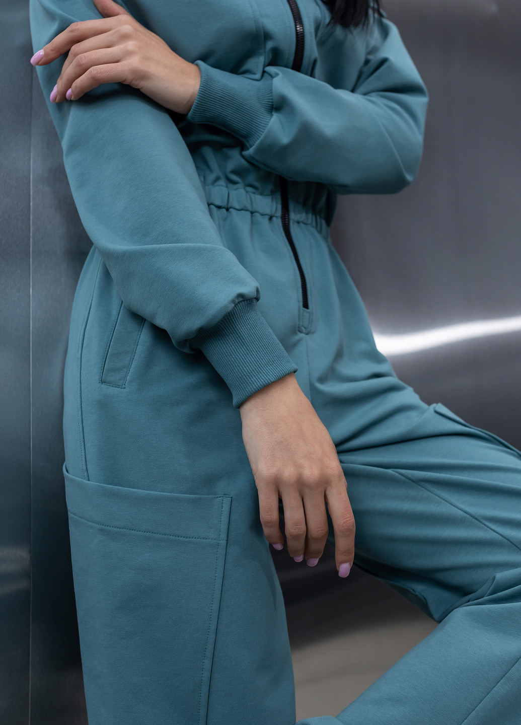 Бавовняний комбінезон з поясом та блискавкою TOTALFIT комбінезон-брюки однотонний синій кежуал, спортивний бавовна, двунитка