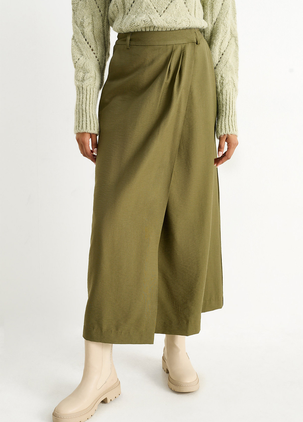 Оливковая (хаки) кэжуал однотонная юбка C&A на запах