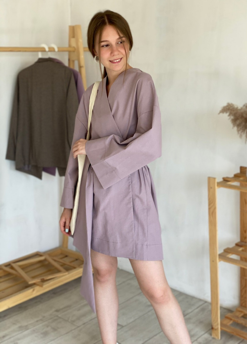 Фиолетовое кэжуал платье кимоно с пояском "токио" romashka, пудра, one size (4578) Ромашка однотонное