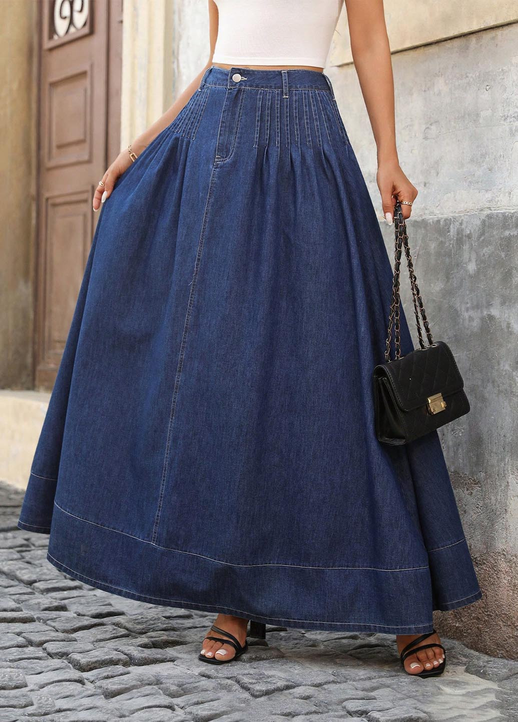 Темно-синяя джинсовая однотонная юбка SHEIN клешированная