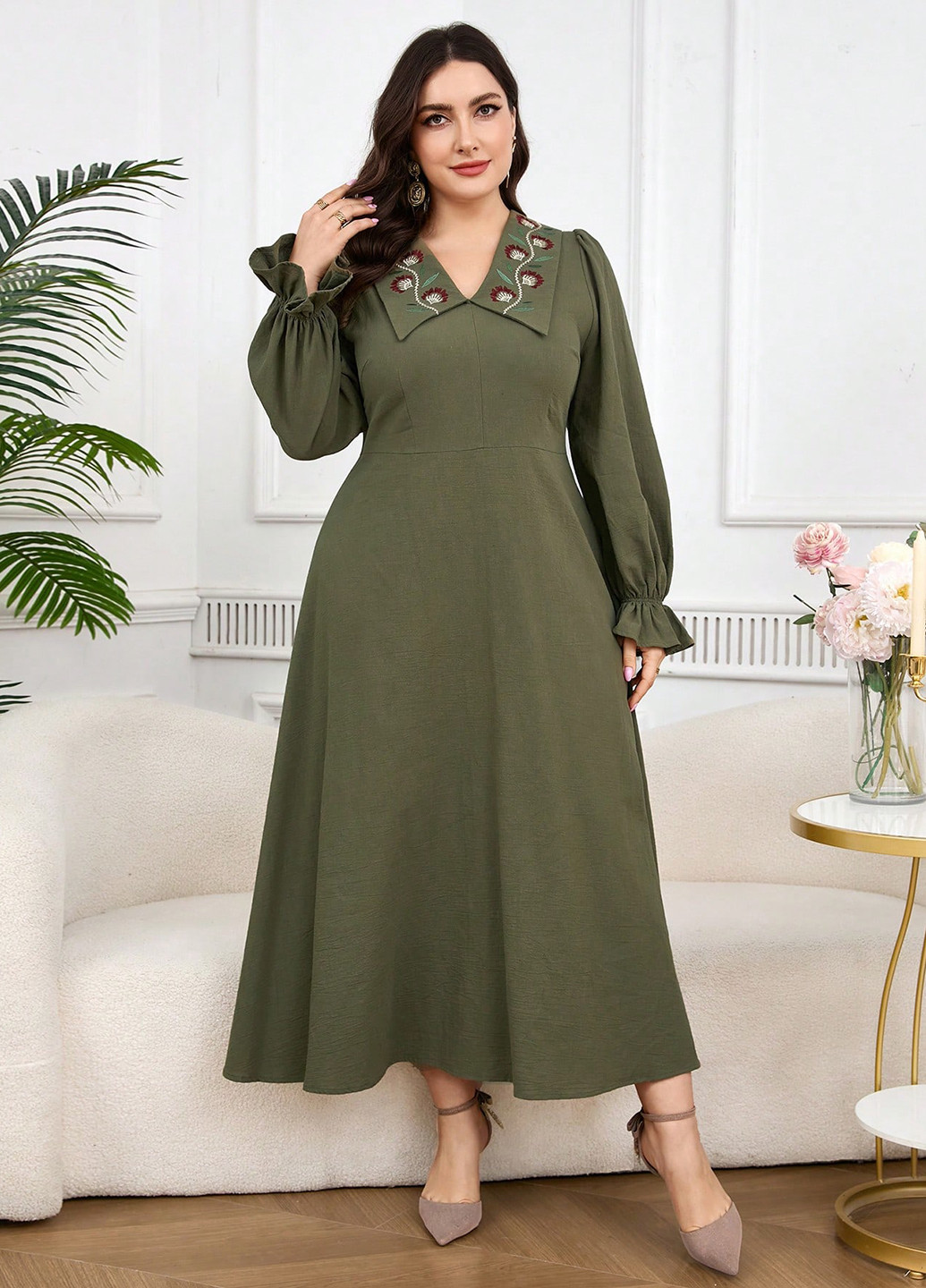 Оливкова (хакі) святковий, вечірня сукня а-силует SHEIN з малюнком