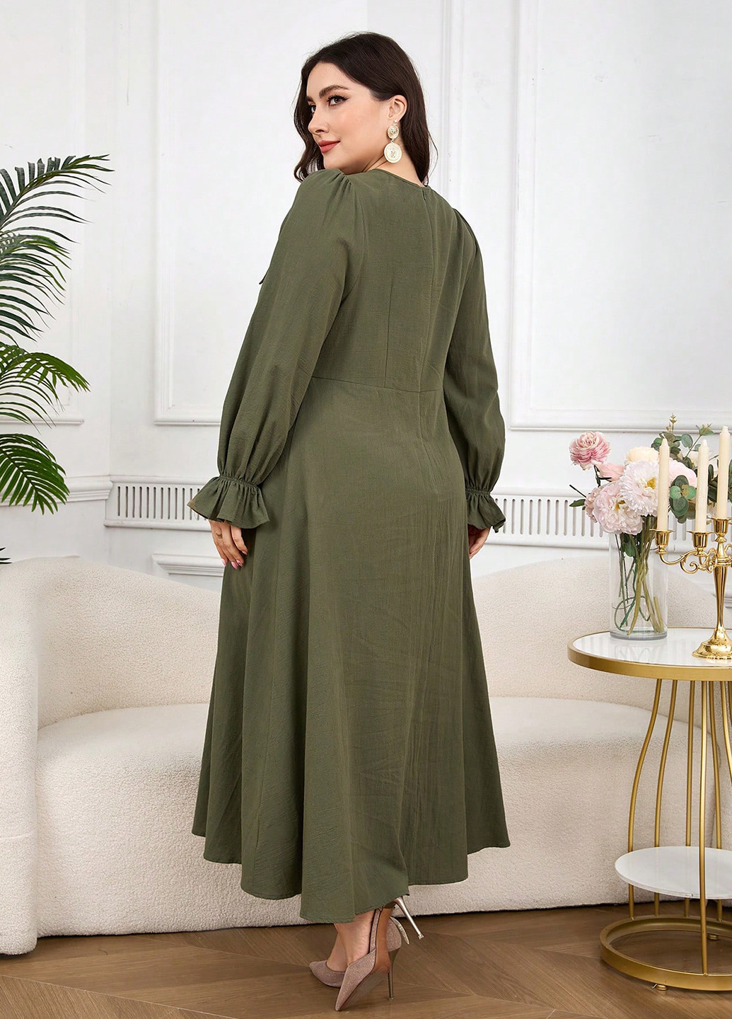 Оливкова (хакі) святковий, вечірня сукня а-силует SHEIN з малюнком