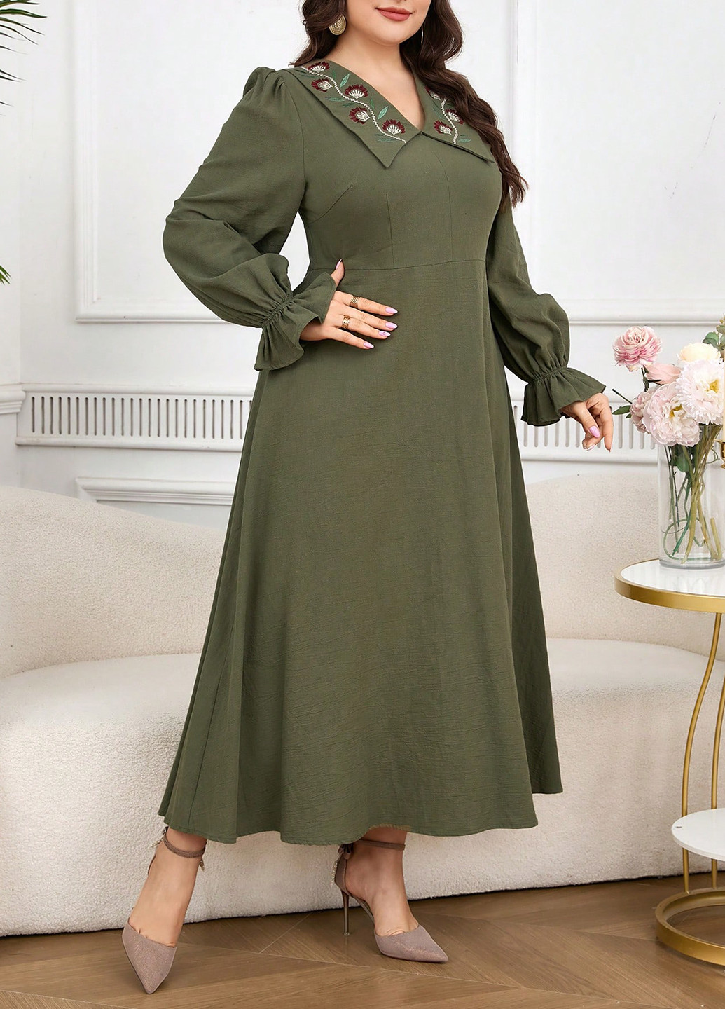 Оливкова (хакі) святковий, вечірня сукня а-силует SHEIN з малюнком