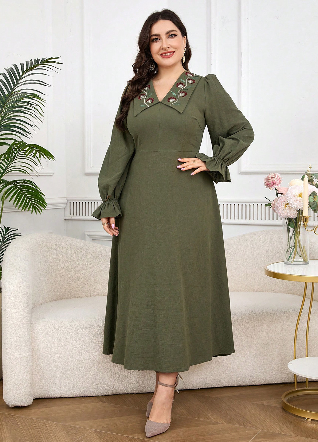 Оливкова (хакі) святковий, вечірня сукня а-силует SHEIN з малюнком