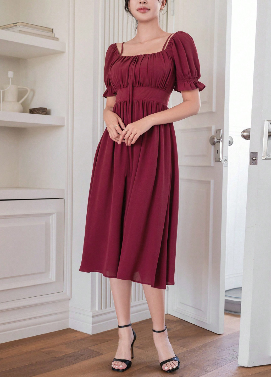 Вишневое кэжуал платье в стиле ампир SHEIN однотонное