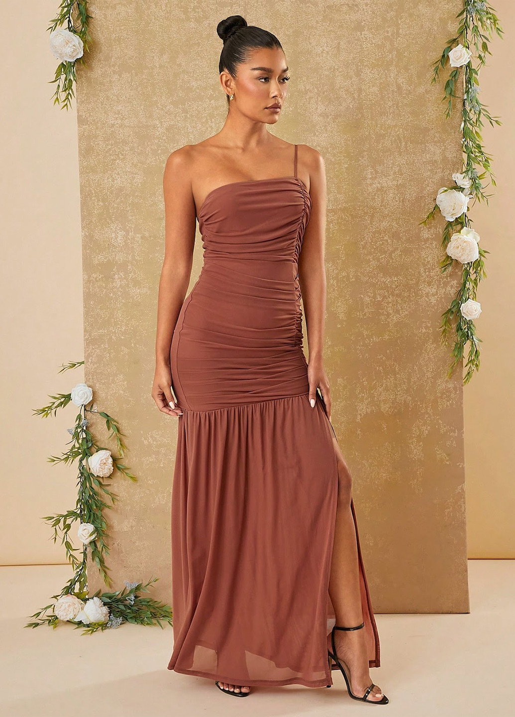 Рожево-коричнева вечірня сукня годе, на одне плече SHEIN однотонна