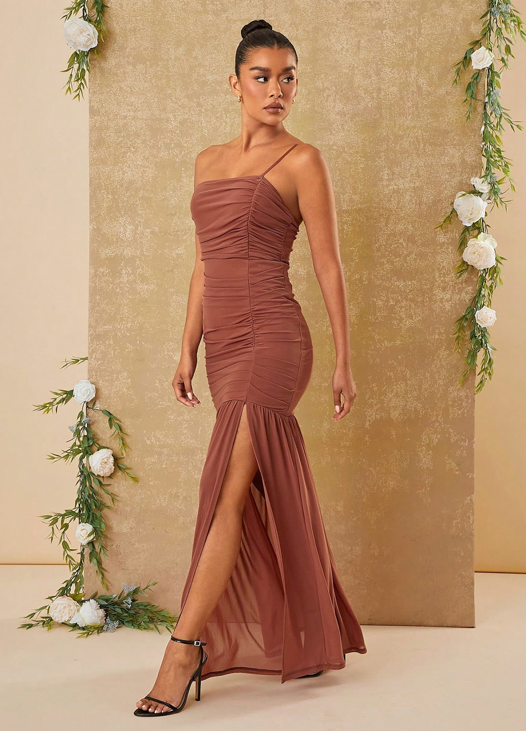 Рожево-коричнева вечірня сукня годе, на одне плече SHEIN однотонна