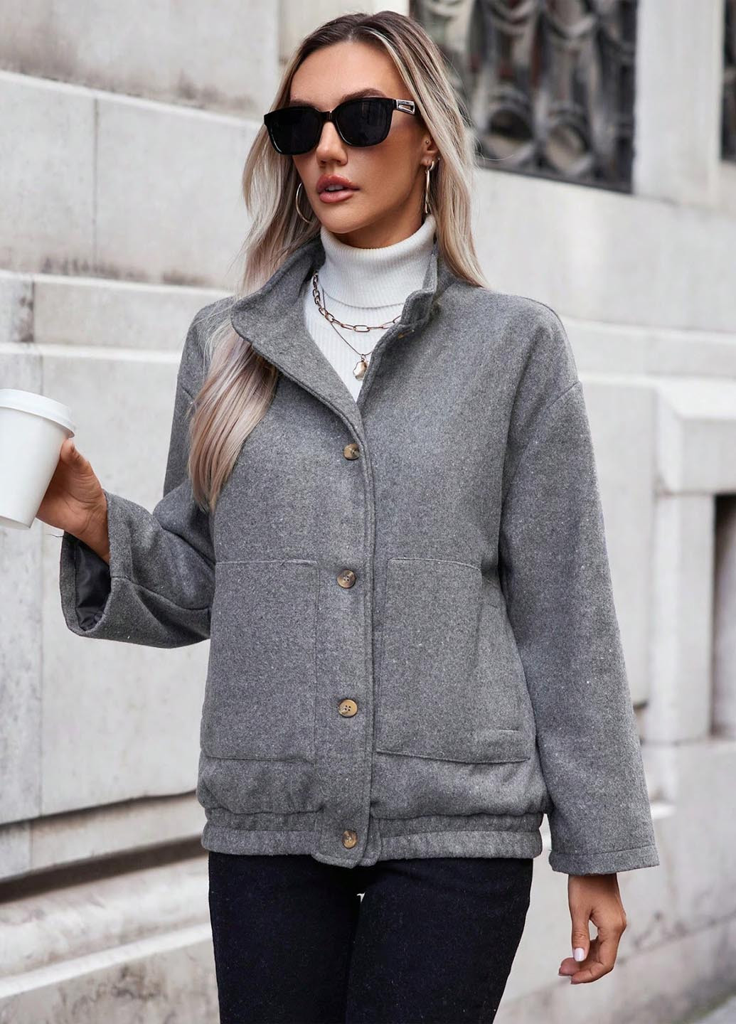 Серое Кэжуал полупальто однобортное SHEIN меланж