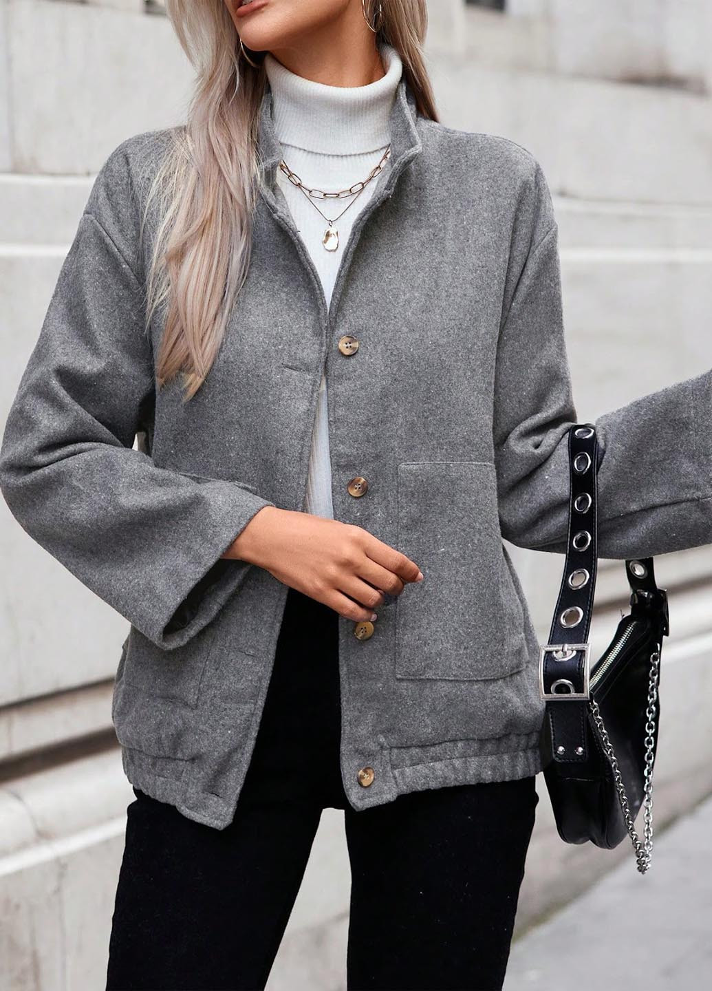 Серое Кэжуал полупальто однобортное SHEIN меланж