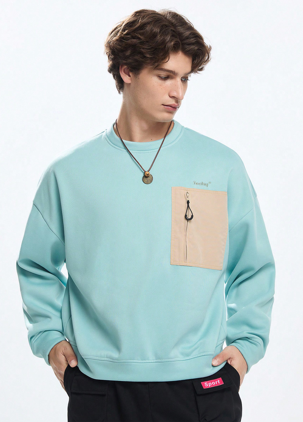 Мятный свитшот SHEIN однотонный вышивка, молния, нашивки (366258166)