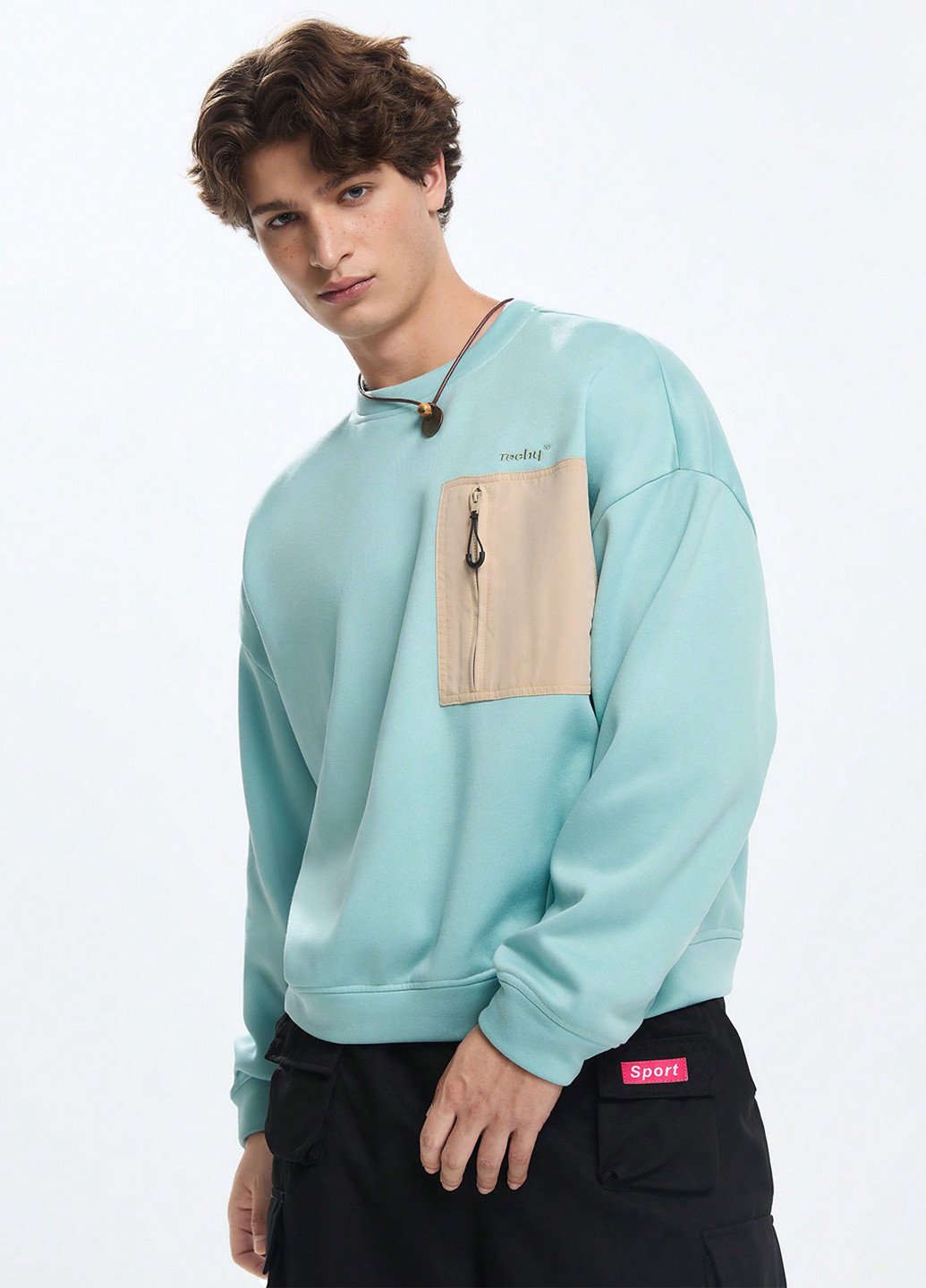Мятный свитшот SHEIN однотонный вышивка, молния, нашивки (366258166)