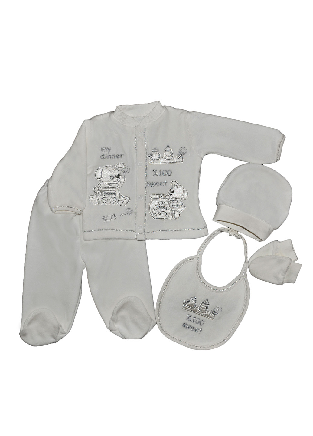 Молочний демісезонний комплект (кофта, повзунки, слюнявчик, царапки, шапка) Beberru
