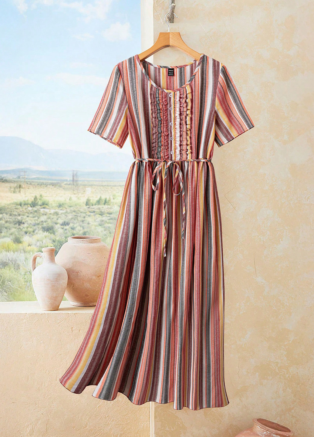 Рожево-коричнева кежуал сукня з спідницею-сонце SHEIN в смужку