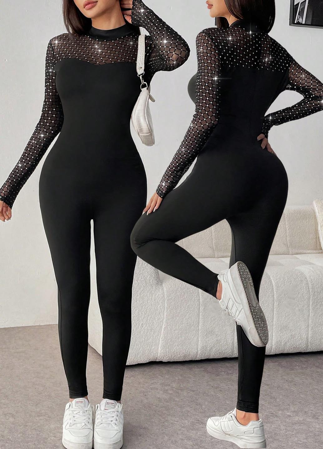 Комбінезон SHEIN комбінезон-брюки однотонний чорний вечірній, кежуал поліестер