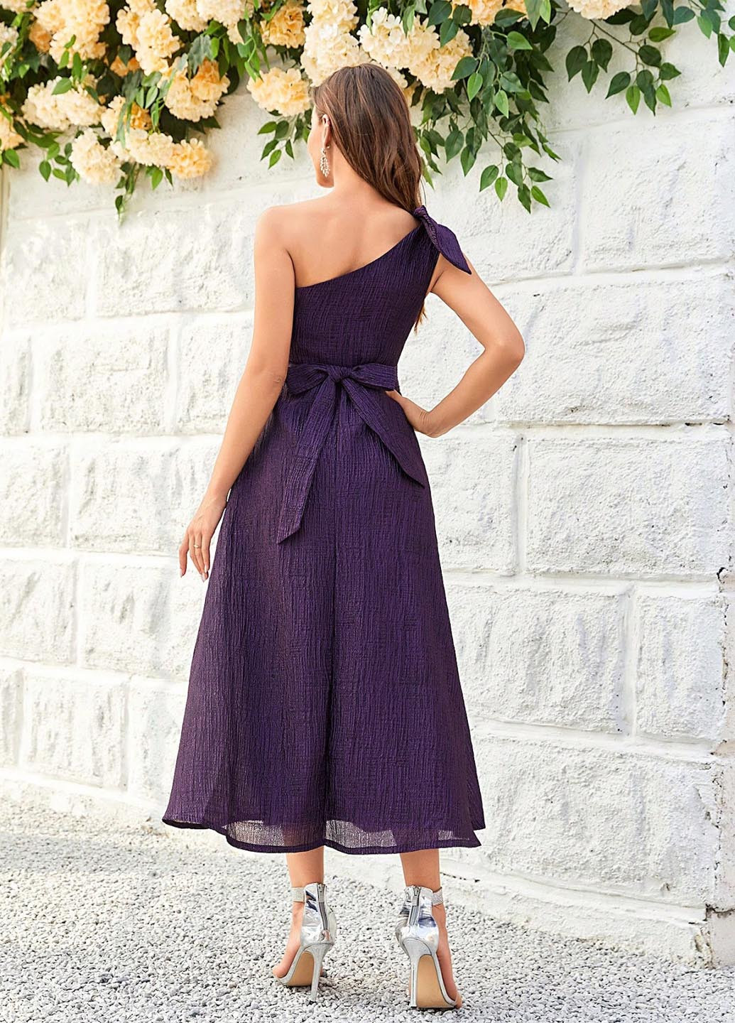 Фиолетовое коктейльное, праздничный платье на одно плечо, а-силуэт SHEIN однотонное