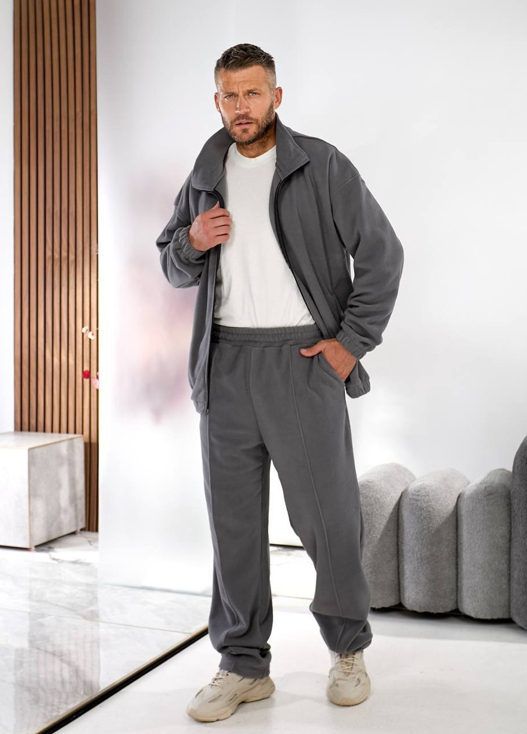 Серый демисезонный костюм (толстовка, брюки) брючный No Brand