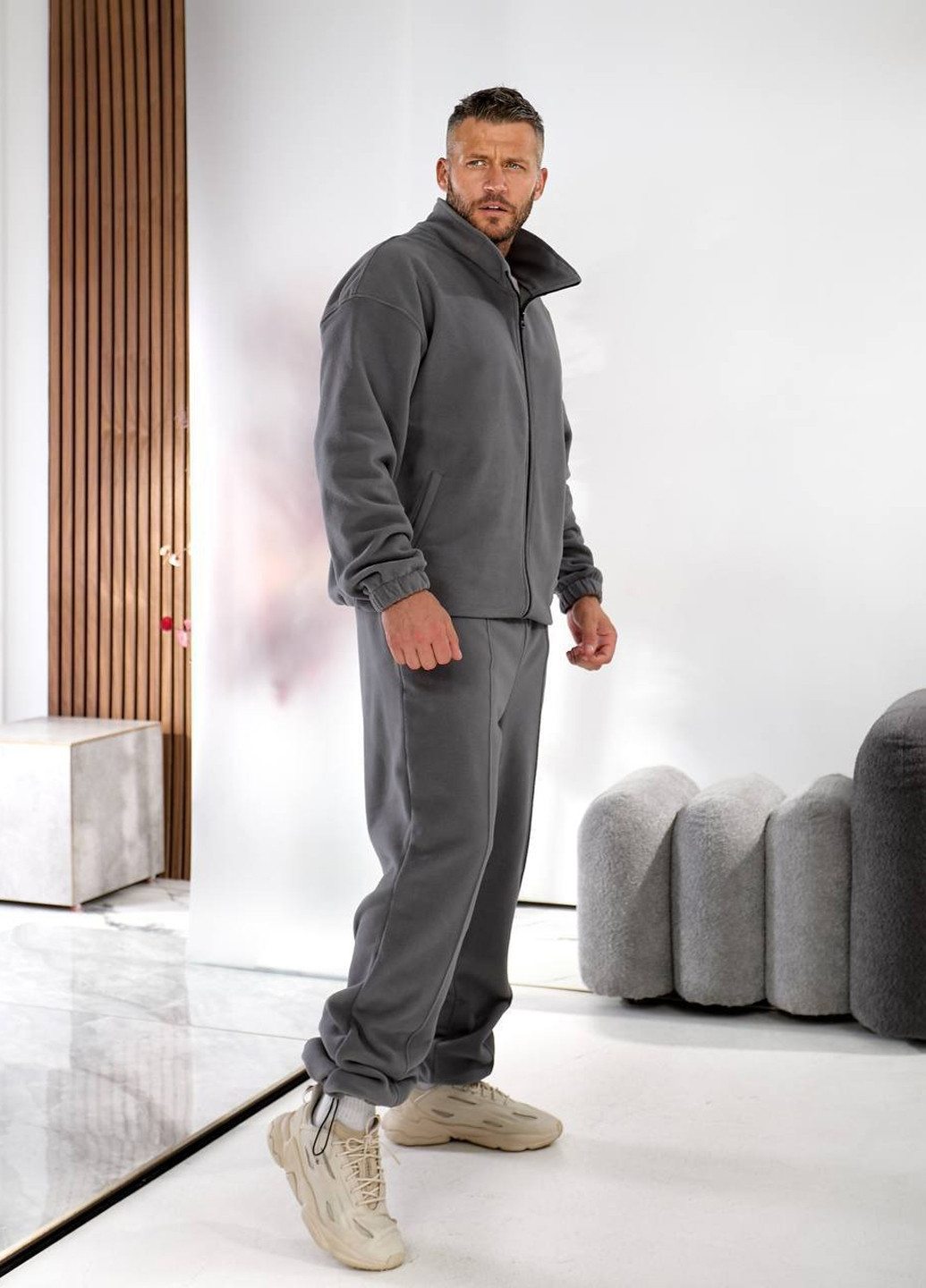 Серый демисезонный костюм (толстовка, брюки) брючный No Brand