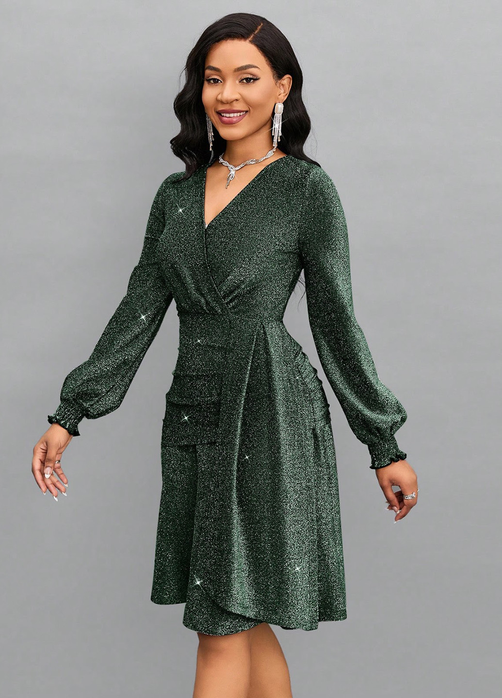 Темно-зелена вечірня сукня на запах SHEIN однотонна