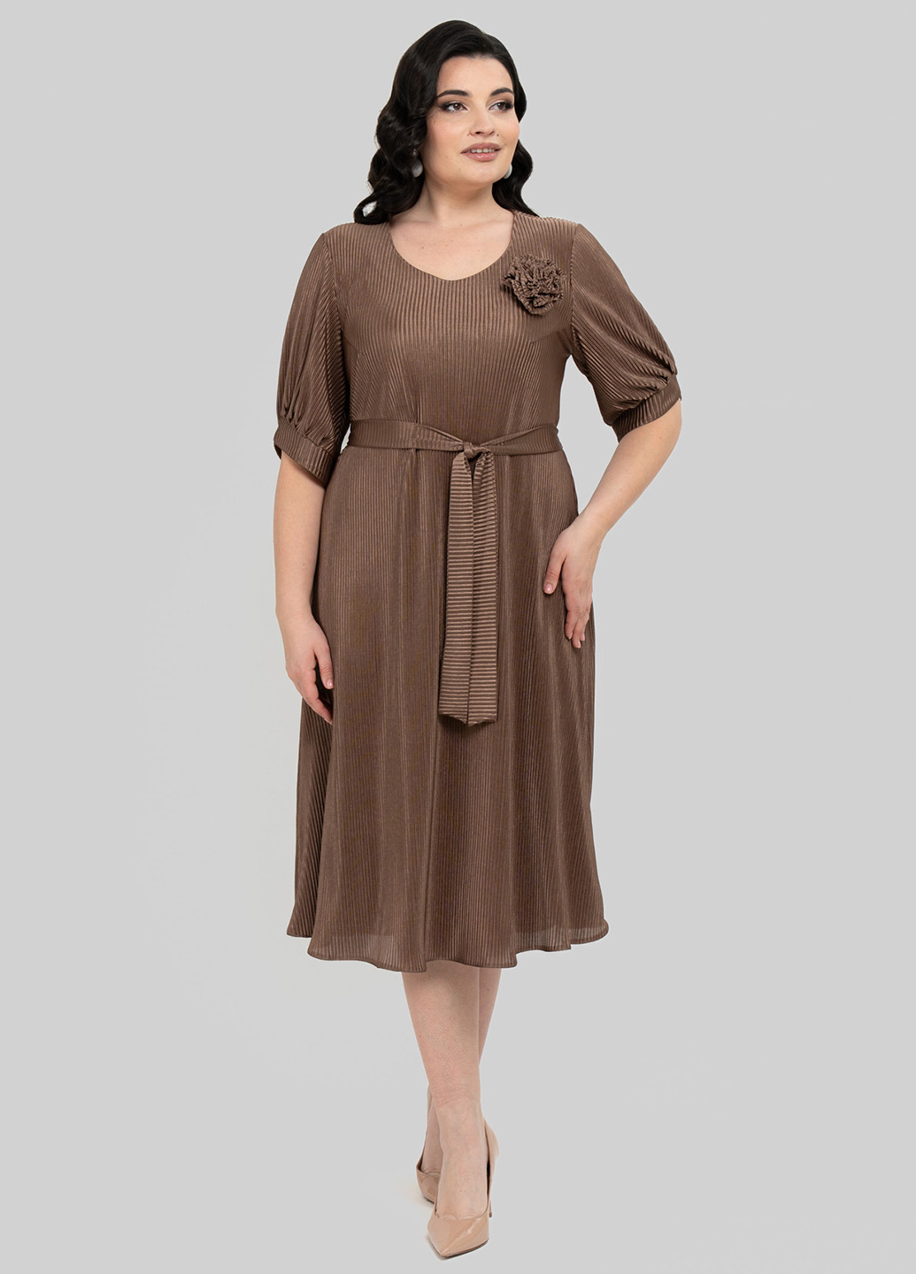 Коричневое кэжуал платье клеш, плиссированное A'll Posa однотонное