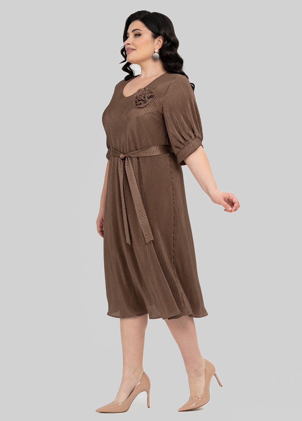 Коричневое кэжуал платье клеш, плиссированное A'll Posa однотонное