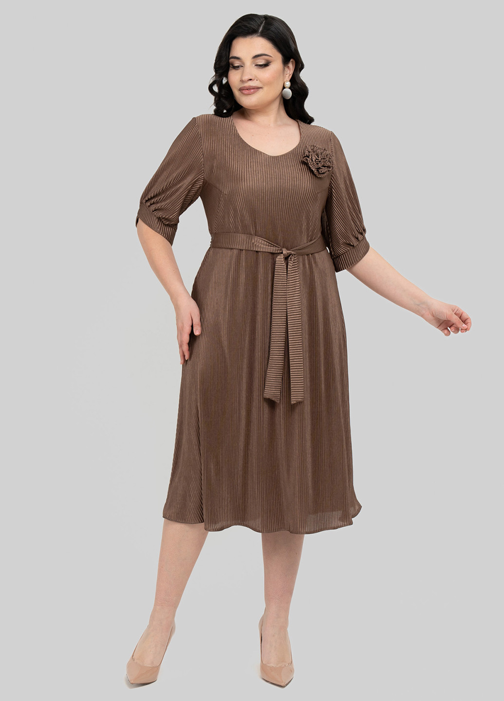 Коричневое кэжуал платье клеш, плиссированное A'll Posa однотонное