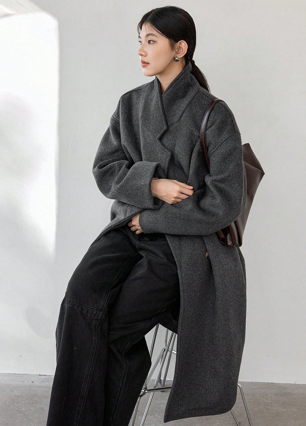 Темно-сіре зимнє Пальто двобортне SHEIN