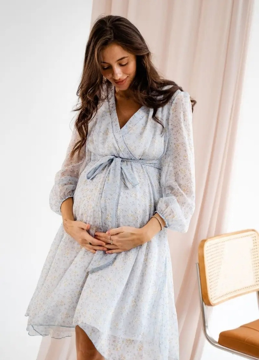 Голубое кэжуал шифоновое платье для беременных и кормящих мам салатовое цветочное To Be с цветочным принтом