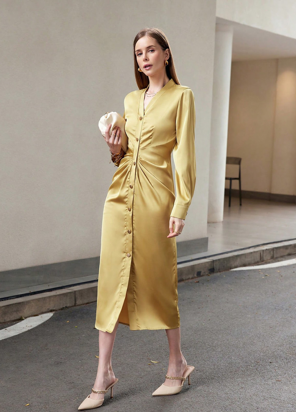 Золотой кэжуал платье рубашка SHEIN однотонное