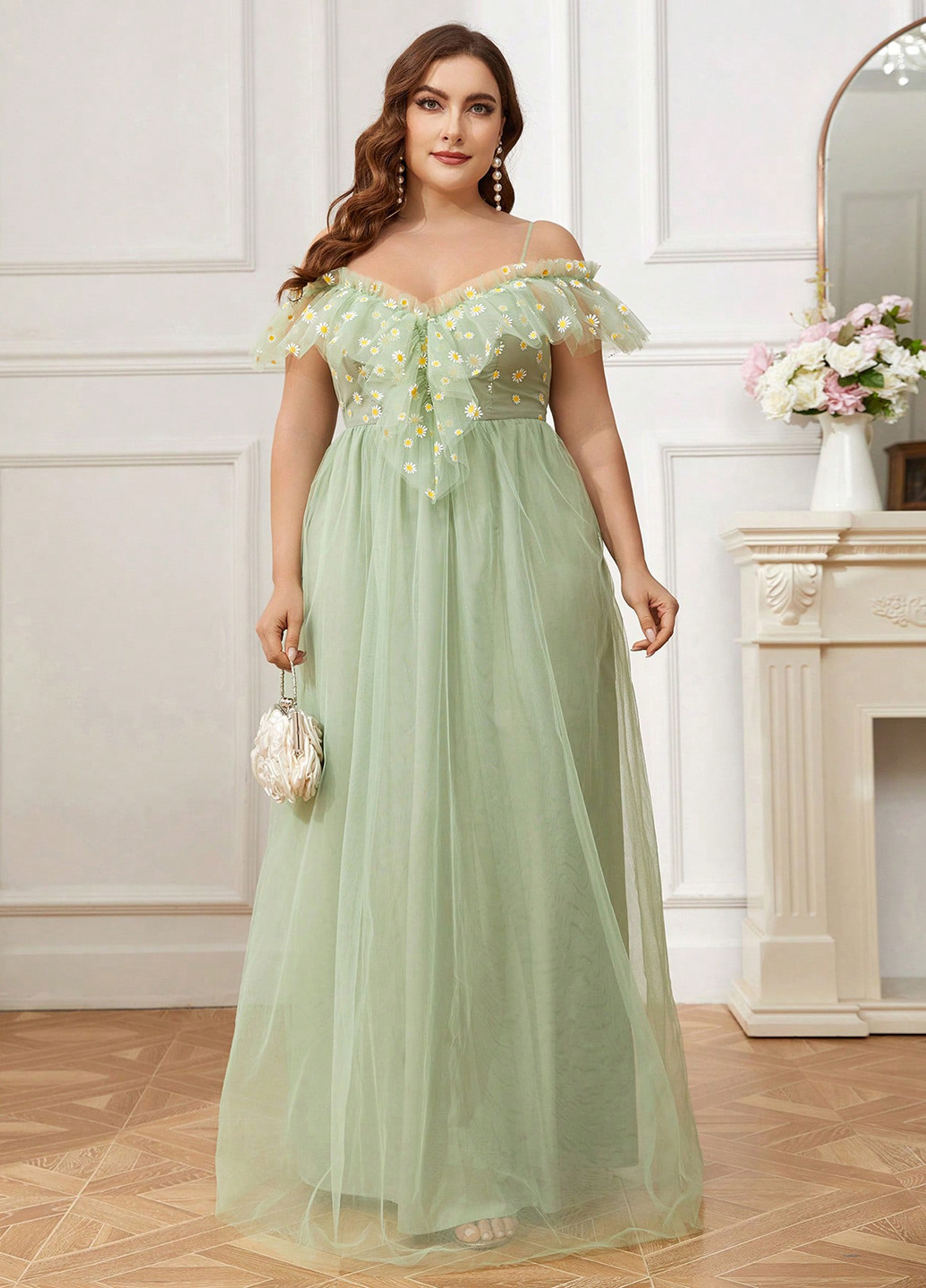 Мятное вечернее платье а-силуэт SHEIN с цветочным принтом