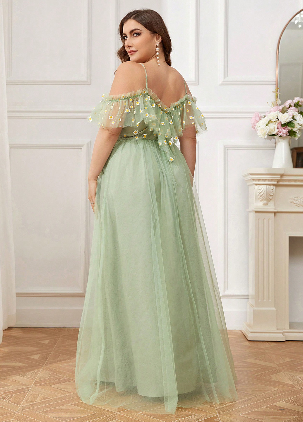 Мятное вечернее платье а-силуэт SHEIN с цветочным принтом